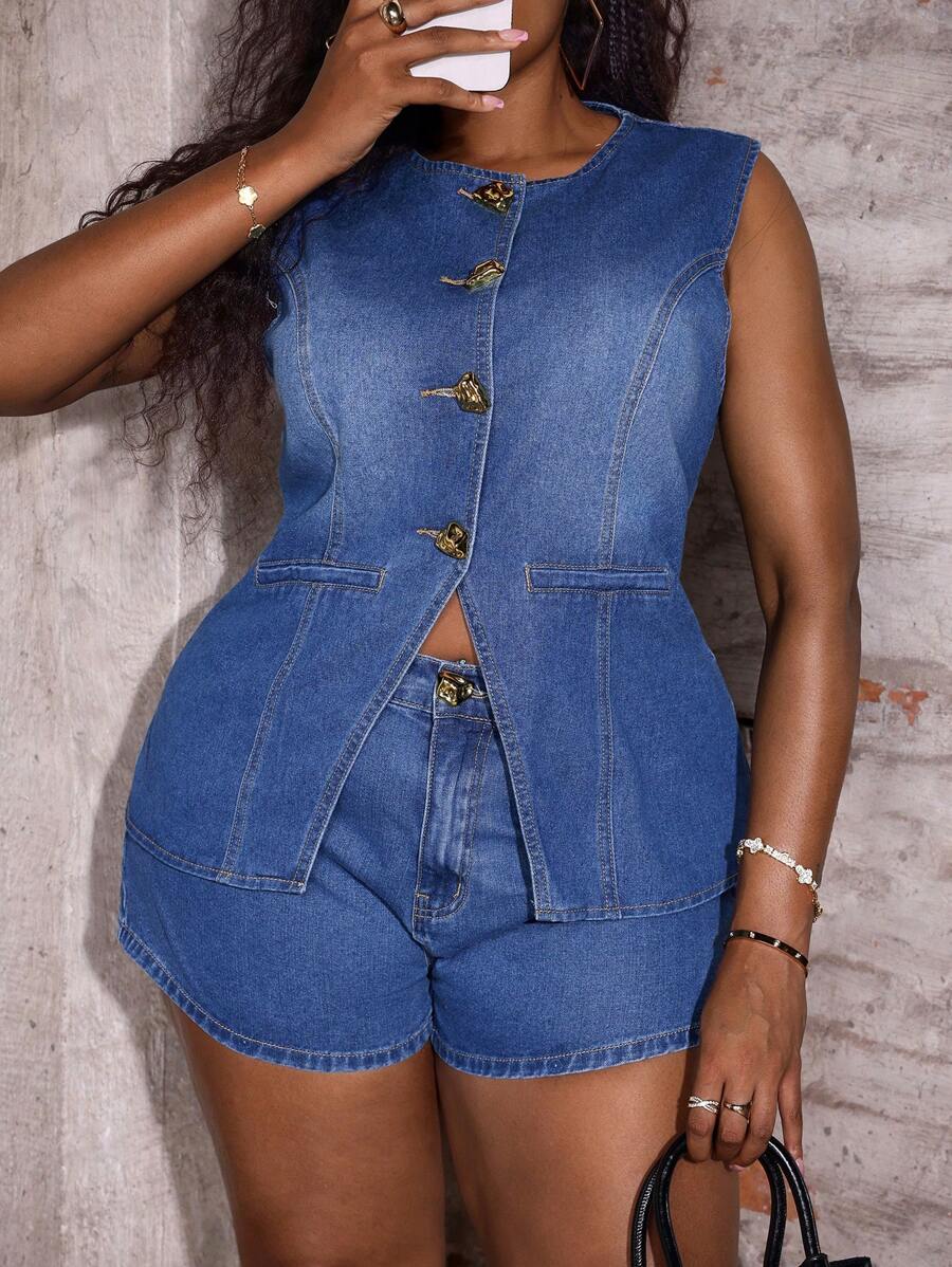 Slaydiva Plus Size Blue Denim Casual Fitted Shorts Women's Shorts Women's Set Shorts Women Outfits Shorts For Women Denim Shorts Shorts High Waisted Shorts Cargo Shorts Flowy Pants Micro Shorts