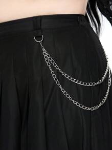 ROMWE Gothic College Casual Pleated Plus Size Women Skirt With Chain, Back To School Season - Black - View 6