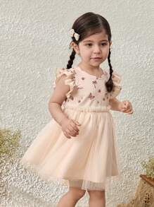 Blossori Vestido de bebé niña con estampado floral, manga avolantada y parches de malla - Multicolor - Ver 4