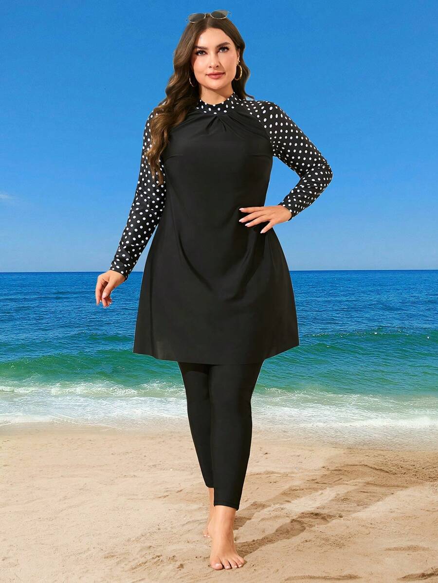Swim Mulvari Plus Size 2pcs/Set Women Black Polka Dot Print Long Sleeve Top And Long Pants Modest Swimsuit Set For Summer Beach Holiday Vacation Cover Up - Black - View 1
