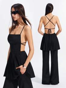 LYSMO 女士黑色露背吊带褶饰连衣裙 - 2025 春夏新品 - 黑色 - 查看 6