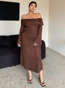 Dazy Plus Solid Color Off-Shoulder Wrap Elastic Elegant Mesh Panel Long Sleeve Dress,Fall Dress Prom Dress