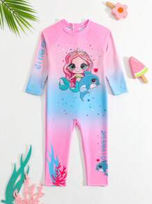SHEIN Girls' Mermaid Print Long Sleeve One-Piece Swimsuit - Multicolor - View 6