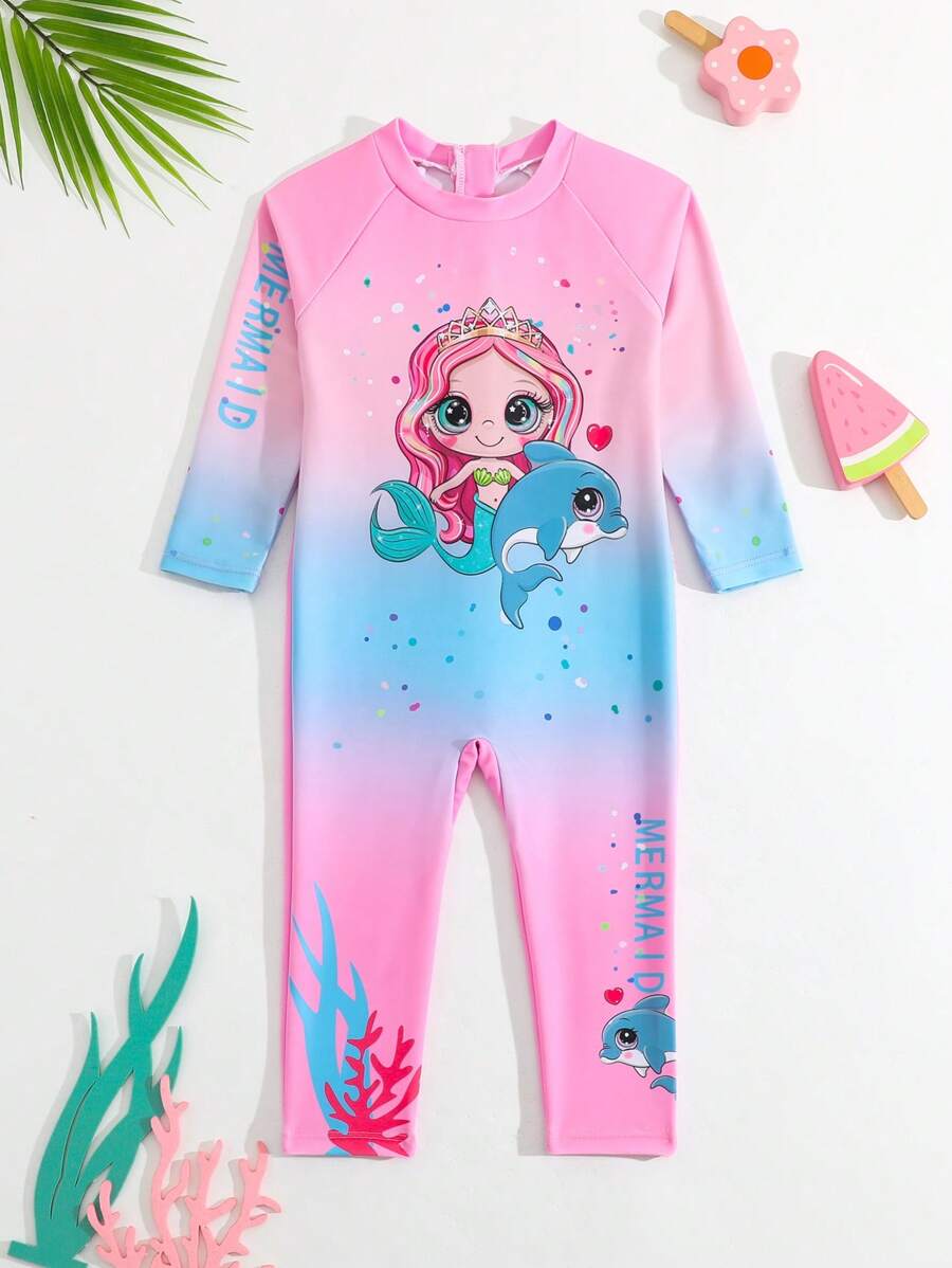 Traje de baño de una pieza con estampado de sirena de manga larga para niñas - Multicolor - Ver 1
