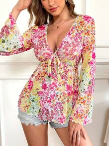 SHEIN VCAY Floral Print Bell Sleeve Knit Mesh Tops For Women, Summer Outfits For Women, Vacation Outfits Women, Beachwear, Easter, Beach Outfits For Women, Summer Clothes - Multicolor - View 6