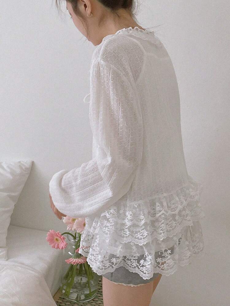 Blusa de mujer de manga larga con cuello redondo, panel de encaje y malla, de lino