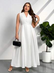 Firerie 优雅简约白色婚纱，A 字形 V 领无袖缎面前开衩加大码长款裹身式带口袋，办公室淑女仙女裙 - 白色 - 查看 6