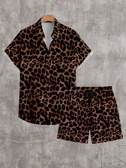 Manfinity Homme Men Dark Leopard Print Wild Fashionable Allover Print Collar Short Sleeve Shirt & Shorts Set, Cozy Outfits