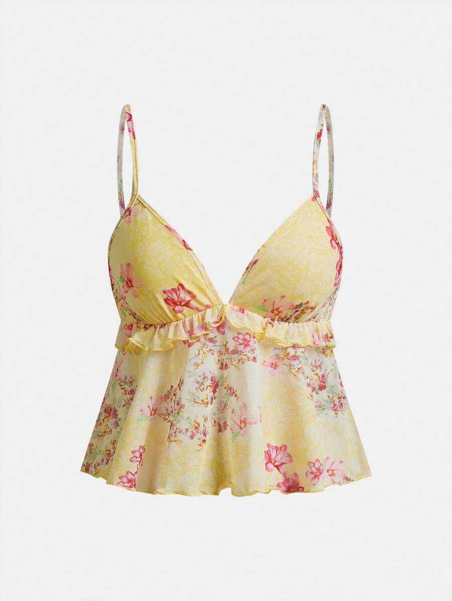 Sweetina Elegant Floral Print Mesh Strap Top For Summer - Mustard Yellow - View 1