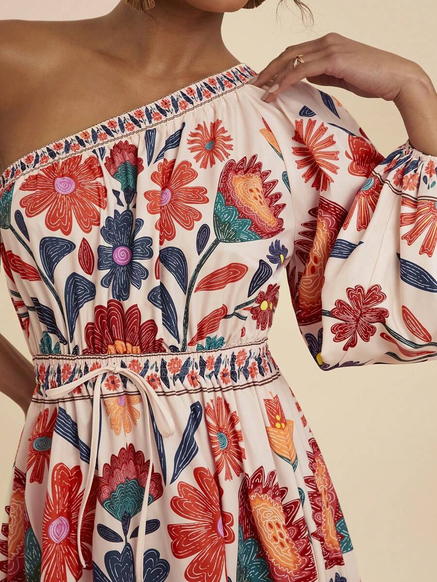 Travachic Blume Muster Kleid mit asymmetrischem Ausschnitt und freien Schultern, Langarm für Damen, Sommer Outfits für Damen, Strandoutfits für Damen, Westernmode für Damen, Konzertoutfits für Damen, Boho, Tropischer Urlaub, Boho Kleider für Damen, Tropische Kleider für Damen, Damenkleider, Neuheiten Urlaubskleider für Damen, Urlaubs-Outfits für Damen - Verschiedenfarbig - Übersicht 1