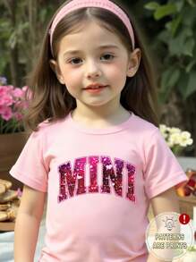 SHEIN Young Girl Shiny Sequin Heart & Letter Graphic Print Short Sleeve T-Shirt, Mommy And Me Matching (2 Pieces Sold Separately) - Pink - View 3