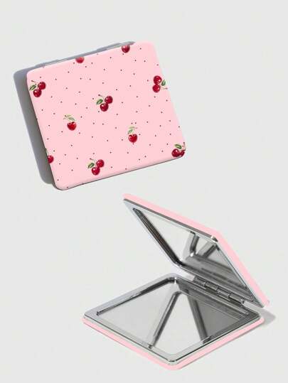 Kawaii 1pc Polka Dot Cherry Heart Printed Square Makeup Mirror, Convenient Handheld For Girls To Touch Up (Pattern Placement Random)