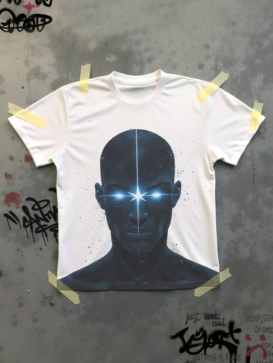 Manfinity Dauomo 夏季 Techno 风格印花短袖 T 恤 - 白色 - 查看 1