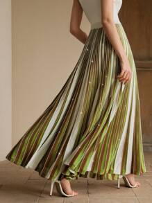 Anewsta 女士优雅针织褶皱闪亮亮片裙，适合节日、春季、商务休闲、朴素风格、Oldmoney - 綠色 - 查看 2