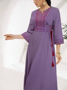 Al Najma Women's Summer Elegant Geometric Embroidery Notched Neck Dress - Purple - View 3