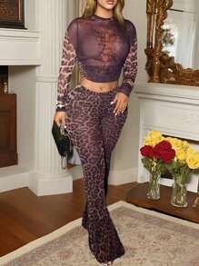 Plus Size Women 2 Pieces Set Leopard Print Long Sleeve Top And Pants, Casual Stylish Outfit For Summer - Multicolor - View 3