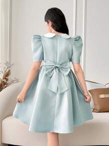 青少年女孩办公室优雅翻领短袖连衣裙 - 薄荷綠 - 查看 7