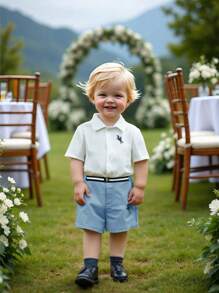 SHEIN 2 Stücke Baby Jungen Set mit Pferde Muster Kragen Kurzarm Strickjacke + Shorts mit Gummizug in der Taille