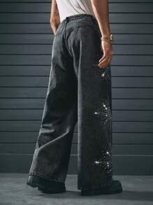 AXEPEAK Jeans de pierna recta larga para hombre con decoración de rhinestones, inspirado en el streetwear