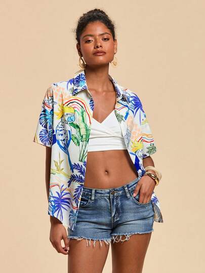 Travachic Women's Loose Woven Printed Short Sleeve Collared Shirt, Suitable For Spring & Summer Holiday,Graphic Print Summer,Vacation Woman,Boho Chic,Beach,Casual Woman Flowy Sun Top Boho, Tropical,Summer,Graduation,Old Money Style Women, Mother's Day