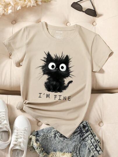 INAWLY 卡通字母印花圆领短袖T恤，适合夏季