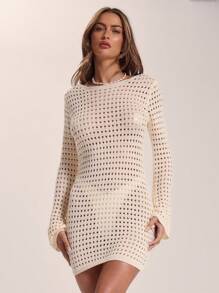 Musera Resort Multipack Crochet Mini Dress Black And Beige,Summer,Casual,Beach Party,Holiday Low Scoop Back Fitted Long Sleeve Swimwear Bridal Hen Do Bachelorette - Multicolor - View 5