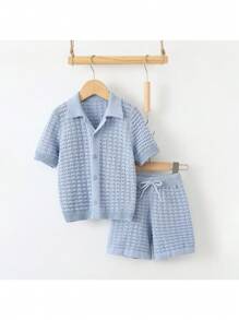 Loomiva Set da 2 pezzi composto da maglione cardigan lavorato a maglia e pantaloncini in stile college casual e comodo per ragazzi, outfit alla moda