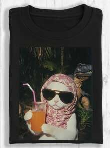 Noixe Women's Oversized Cute Vintage Cat & Meteor Print T-Shirt, Unisex Funny Foolish Pattern T-Shirt, Casual American Style Streetwear, Simple Birthday Girls' Beach Vacation Tropical Country Round Neck Short Sleeve Tops