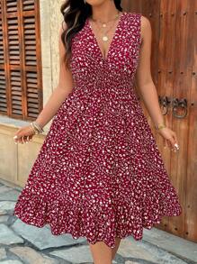 EMERY ROSE Plus Size Shirred Sleeveless Ditsy Floral A-Line Dress With Cinched Waist And Ruffle Hem Decor, Casual Wear - Multicolor - View 5