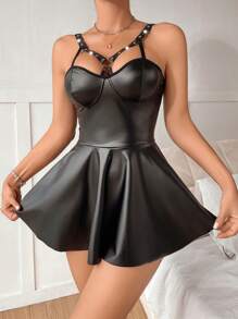 SHEIN 2pcs/Set Women's Sexy Mesh Splice PU Nightdress
