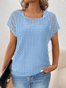 EMERY ROSE Blouse femme à épaules obliques et patchwork en dentelle 2 en 1 - Bleu azur - Voir 4