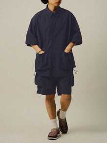 DAZY Men's Solid Color Black Casual Utility Shirt Set, Summer - Navy Blue - View 7