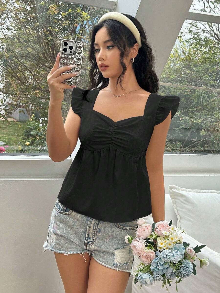 Lunelith SHEIN Lunessa Blusa de unicolor con textura, plisado en el pecho y escote de corazón con volante