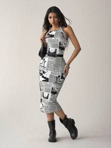 SHEIN EZwear Newspaper Print Bodycon Dress - Black and White - View 3