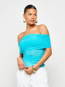 AiiRZ Bardot Mesh Fold Over Ruched Top