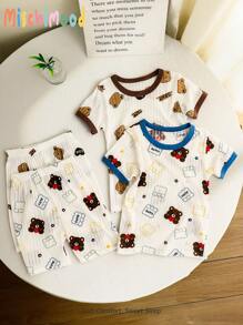 2025 Young Boys Cartoon Print Short Sleeve T-Shirt And Shorts Home Outfit 4Pcs Set, Summer