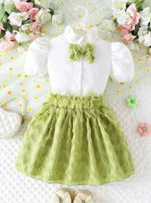 SHEIN 2 Pieces Set: Girls Embroidered Ruffle Blouse + Tulle Frill Hem Skirt - Green - View 1