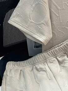 SHEIN Leap Crew 2 Pcs/Set Tween Boy Casual Vacation Versatile Loose Fit Round Neck Short Sleeve T-Shirt And Shorts Knit Outfit - Khaki - View 4