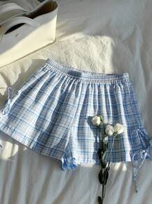 Comfortcana Shorts casuales de mujer con estampado de cuadros y nudo lateral en la cintura, para verano