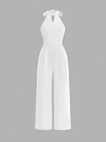 SHEIN Tween-Mädchen Eleganter, minimalistischer Neckholder-Jumpsuit mit rückenfreier Schleife