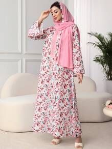 SHEIN Najma 圆领小碎花纯色弧形边缘阿拉伯风格连衣裙，配头巾，端庄大方 - 粉色 - 查看 4