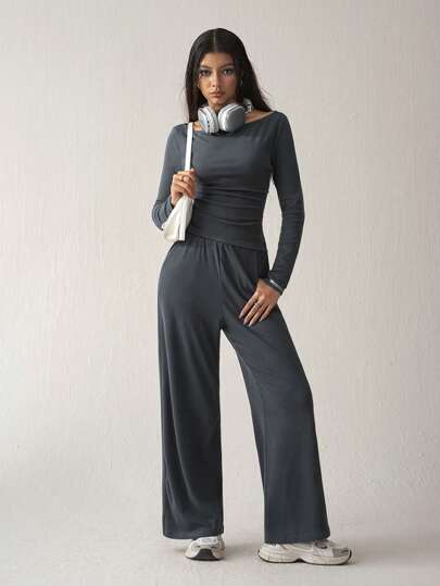 Easelle Women's Knitted Slim Fit Suit Set, Dark Grey