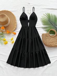 Soleia 女款素色荷葉邊下擺無袖迷你吊帶洋裝，女夏日太陽裙夏季服飾 - 黑色 - 查看 7