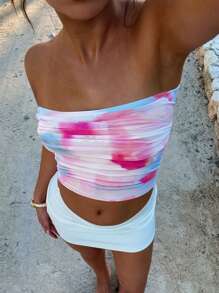 SHEIN Essnce Casual Summer Tanks Tie Dye Ruched Strapless Crop Top White Top Going Out Tops Summer Shirts Summer Fits - Multicolor - View 5