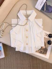 GlowEve Women's Sleeveless Open Front Ruffle Backless Halter Neck Blouse - White - View 1