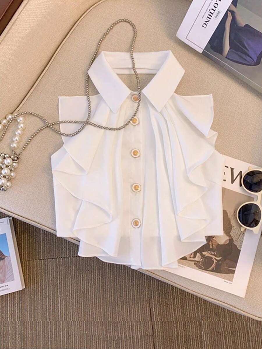 GlowEve Women's Sleeveless Open Front Ruffle Backless Halter Neck Blouse - White - View 1