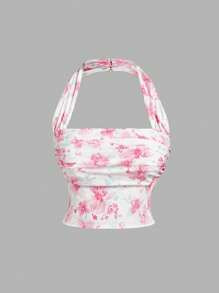 SHEIN MOD Plus Size Women's Outfit, Pink Floral Print Halter Crop Top And Flowy Mini Skirt,Seaside Holiday Suit, Romantic Floral Suit, Summer Suit - Multicolor - View 3