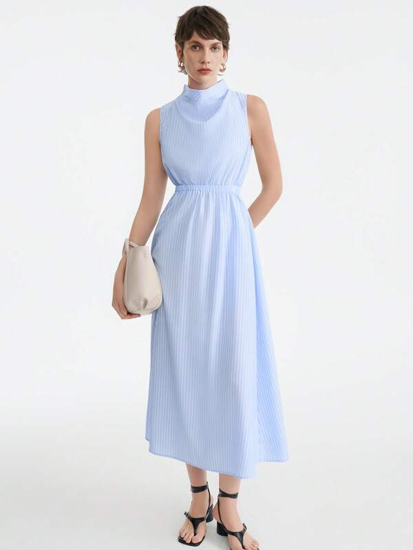 Aalyst Vestido largo de mujer de alta gama, sencillo, con cuello drapeado, sin mangas, cintura elástica, para uso casual y diario, nuevo para primavera/verano