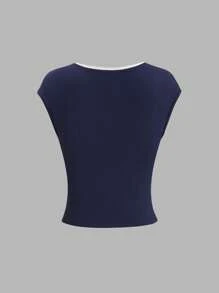 Sweetra Navy Slim Fit Ruched Lace Patchwork Cap Sleeve T-Shirt