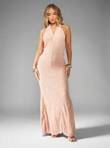 MISSGUIDED Knitted Sequin Twist Front Halter Neck Fish Tail Maxi Dress - Khaki - View 1